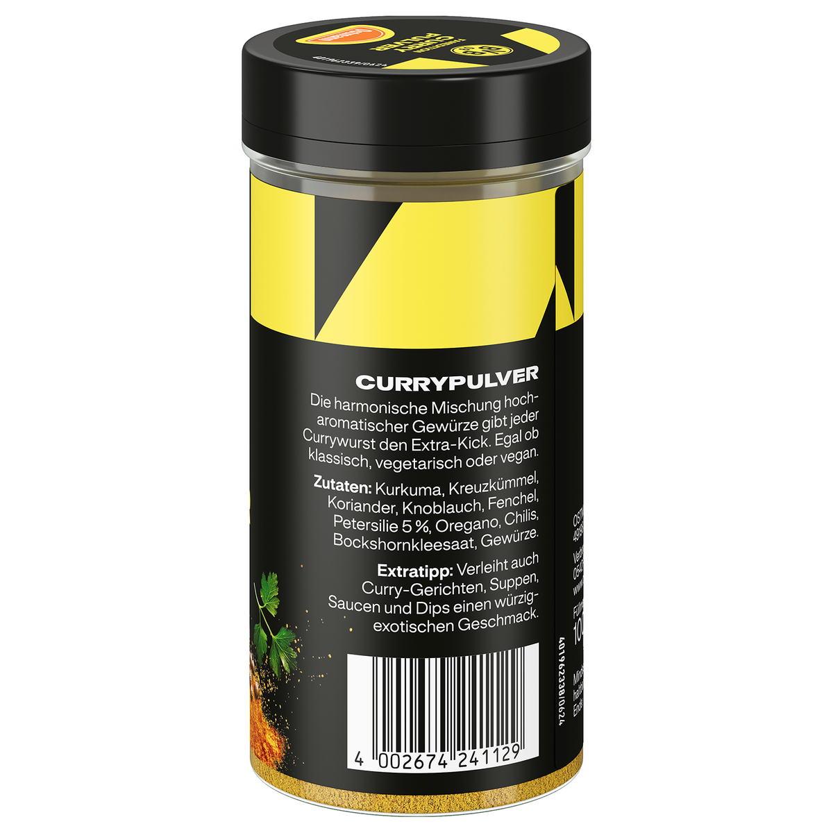 黑色与黄色相间的多特蒙德（BVB）咖喱粉，采用罐装，内含风味协调的香料混合物，适用于制作咖喱菜肴及调味蘸酱。