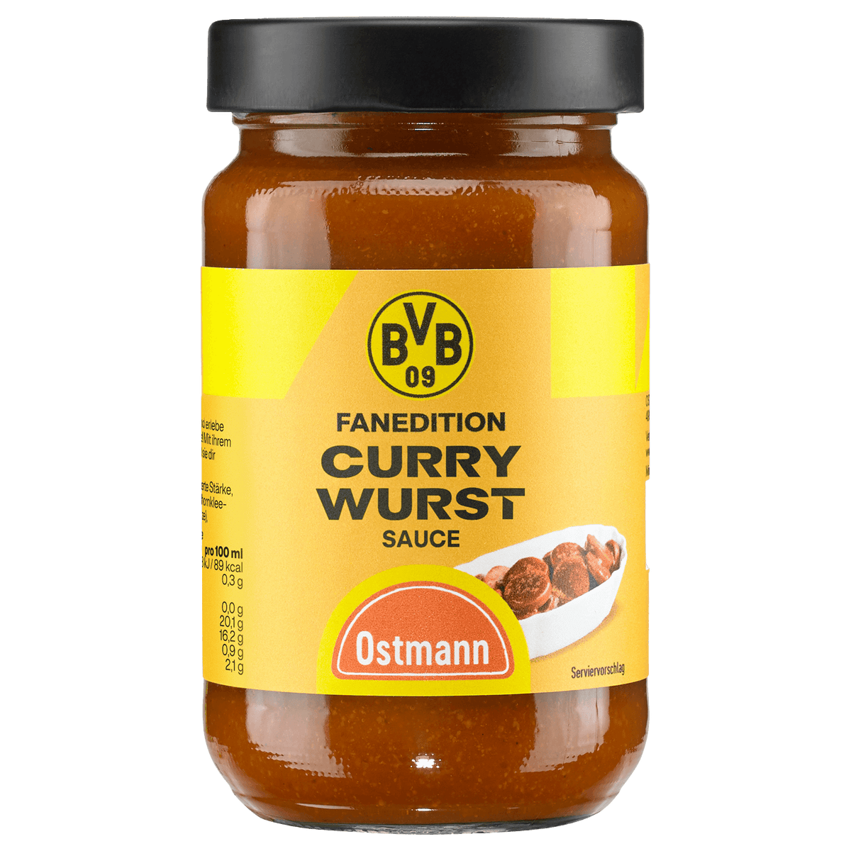 Glass mit BVB-Currywurst-Sauce der Fanedition, gelbes Etikett mit BVB-Logo und Ostmann-Logo, Abbildung von Currywurst.