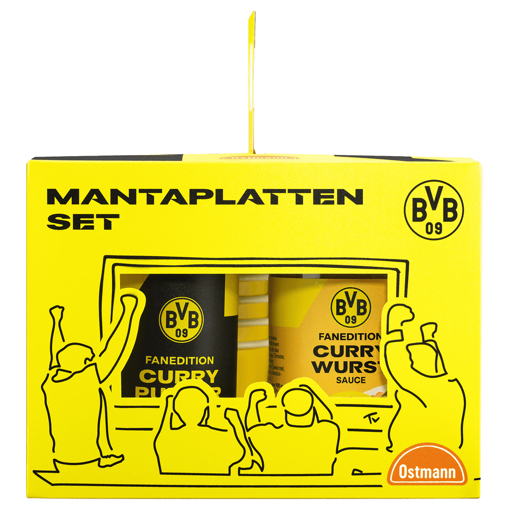 Schwarzgelbes BVB Manta-Platten-Set mit Currywurst-Sauce und Currypulver, dekorative Verpackung mit BVB-09-Logo, ideal für Fans.
