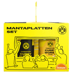 Schwarzgelbes BVB Manta-Platten-Set mit Currywurst-Sauce und Currypulver, dekorative Verpackung mit BVB-09-Logo, ideal für Fans.