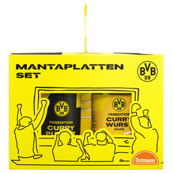Schwarzgelbes BVB Manta-Platten-Set mit Currywurst-Sauce und Currypulver, dekorative Verpackung mit BVB-09-Logo, ideal für Fans.
