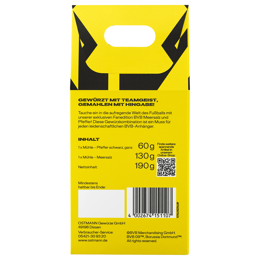 Das BVB-Gewürzmühlen-Set enthält eine Pfeffermühle mit schwarzem Pfeffer und eine Mühle mit Meersalz, gestaltet in schwarzgelb und als Fanartikel von Borussia Dortmund.