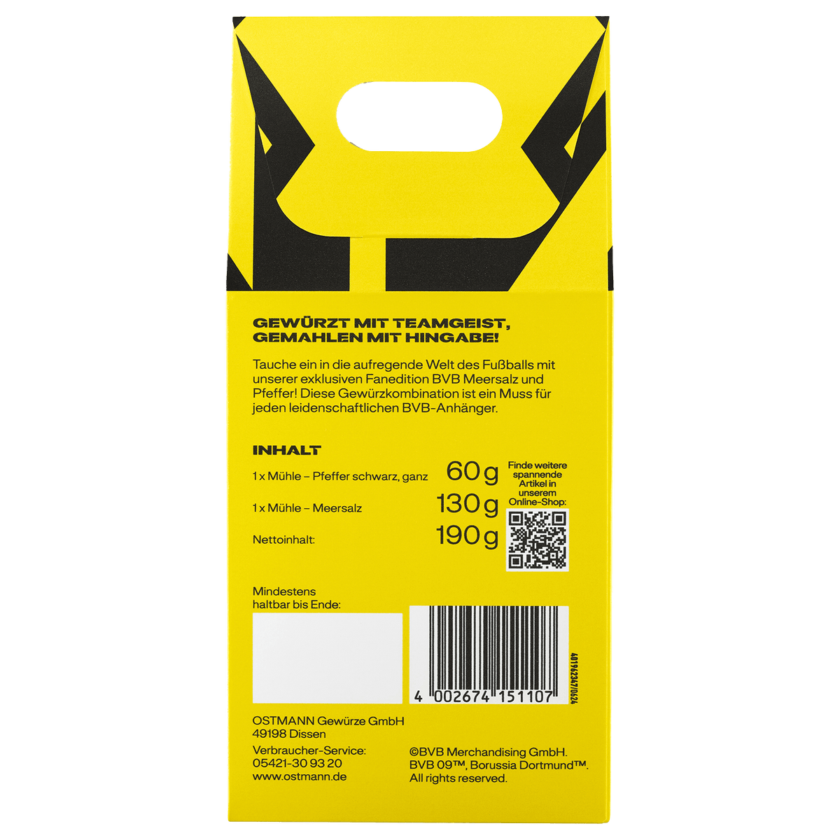 Das BVB-Gewürzmühlen-Set enthält eine Pfeffermühle mit schwarzem Pfeffer und eine Mühle mit Meersalz, gestaltet in schwarzgelb und als Fanartikel von Borussia Dortmund.