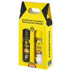 Schwarzgelbes BVB Gewürzmühlen-Set in Fanedition, bestehend aus einer Meersalzmühle und einer Pfeffermühle von Ostmann, in einer ansprechenden BVB-Verpackung.