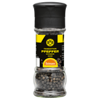 Gewürzmühle der BVB-Fanedition mit schwarzem Pfeffer in einem schwarzgelben Design und BVB-Emblem, hergestellt von Ostmann.