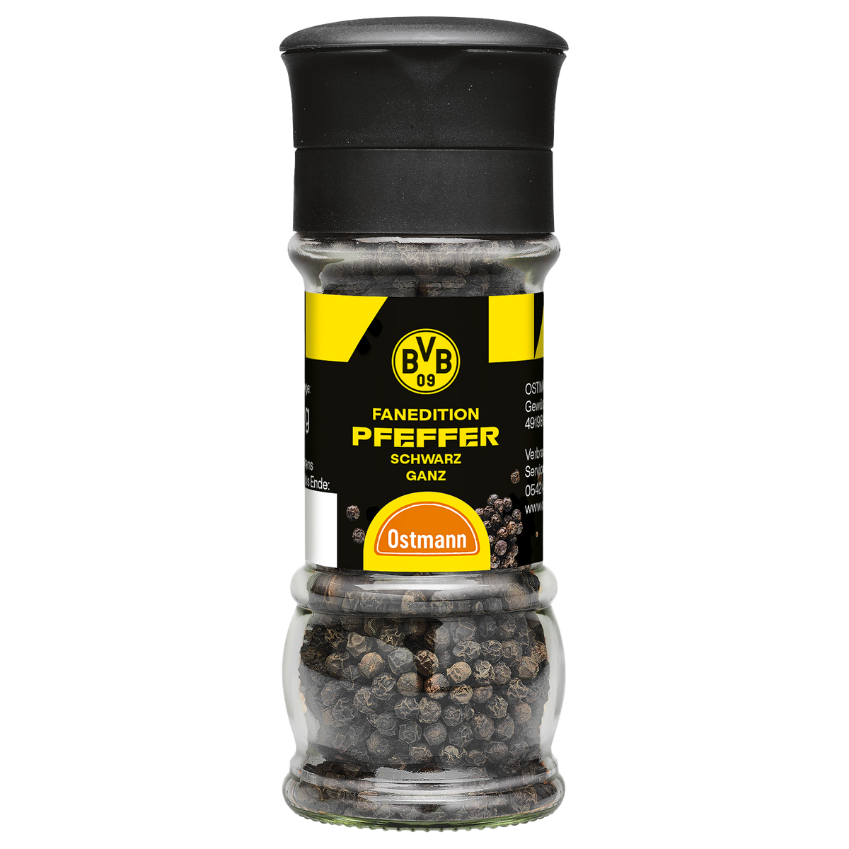 Gewürzmühle der BVB-Fanedition mit schwarzem Pfeffer in einem schwarzgelben Design und BVB-Emblem, hergestellt von Ostmann.