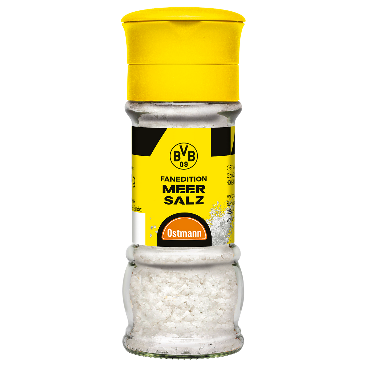 Gewürzmühle in der BVB Fanedition gefüllt mit Meer-Salz, schwarzgelbes Design mit BVB-Emblem und gelbem Deckel.