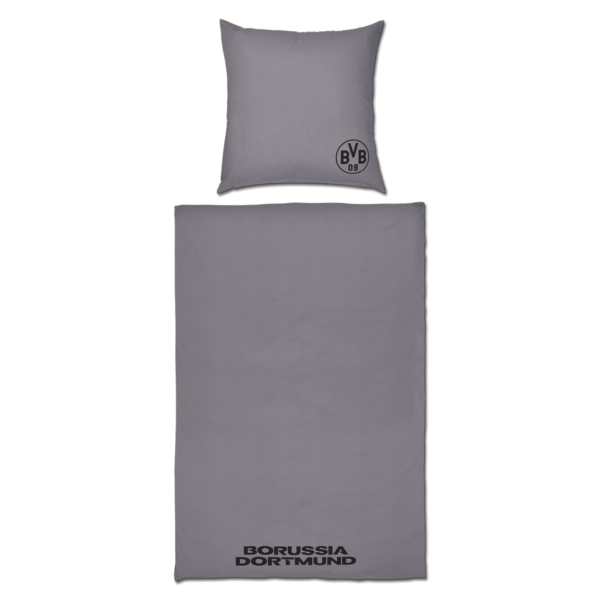 Black-and-yellow BVB reversible bedding set with "Borussia Dortmund" lettering on the blanket and the BVB logo on the pillow.