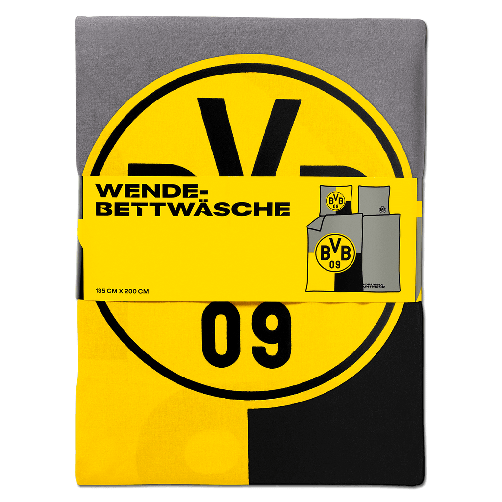 Ropa de cama reversible del BVB en negro y amarillo con el logotipo grande del club, ideal para los auténticos aficionados del Borussia Dortmund.