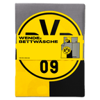 Ropa de cama reversible del BVB en negro y amarillo con el logotipo grande del club, ideal para los auténticos aficionados del Borussia Dortmund.