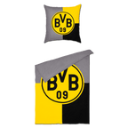 Juego de cama reversible del BVB en los colores del club, negro y amarillo, con un gran logotipo del BVB 09 y el reverso en gris, ideal para los aficionados del Borussia Dortmund.