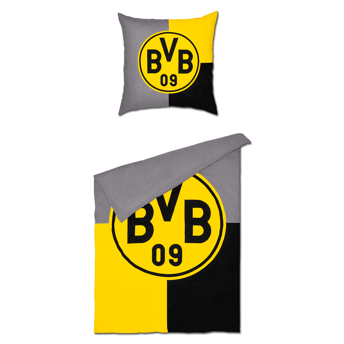 Juego de cama reversible del BVB en los colores del club, negro y amarillo, con un gran logotipo del BVB 09 y el reverso en gris, ideal para los aficionados del Borussia Dortmund.