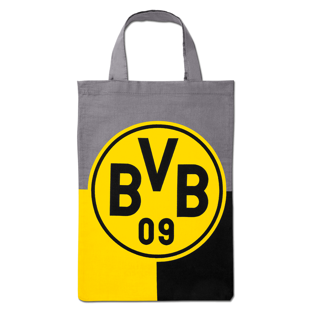 Bolsa de transporte del BVB en negro y amarillo, con un gran logotipo del BVB y asas grises: producto oficial para aficionados del Borussia Dortmund.