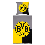 Juego de cama reversible en negro y amarillo del Borussia Dortmund con un gran logotipo del BVB, ideal para los aficionados y para decorar el hogar.