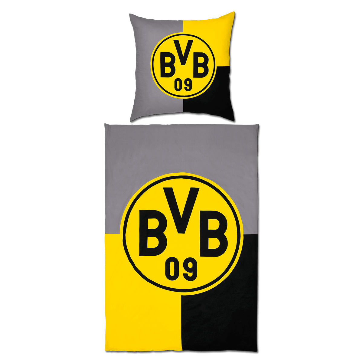 Black-and-yellow reversible bedding from Borussia Dortmund featuring a large BVB logo, ideal for fans and home decor.