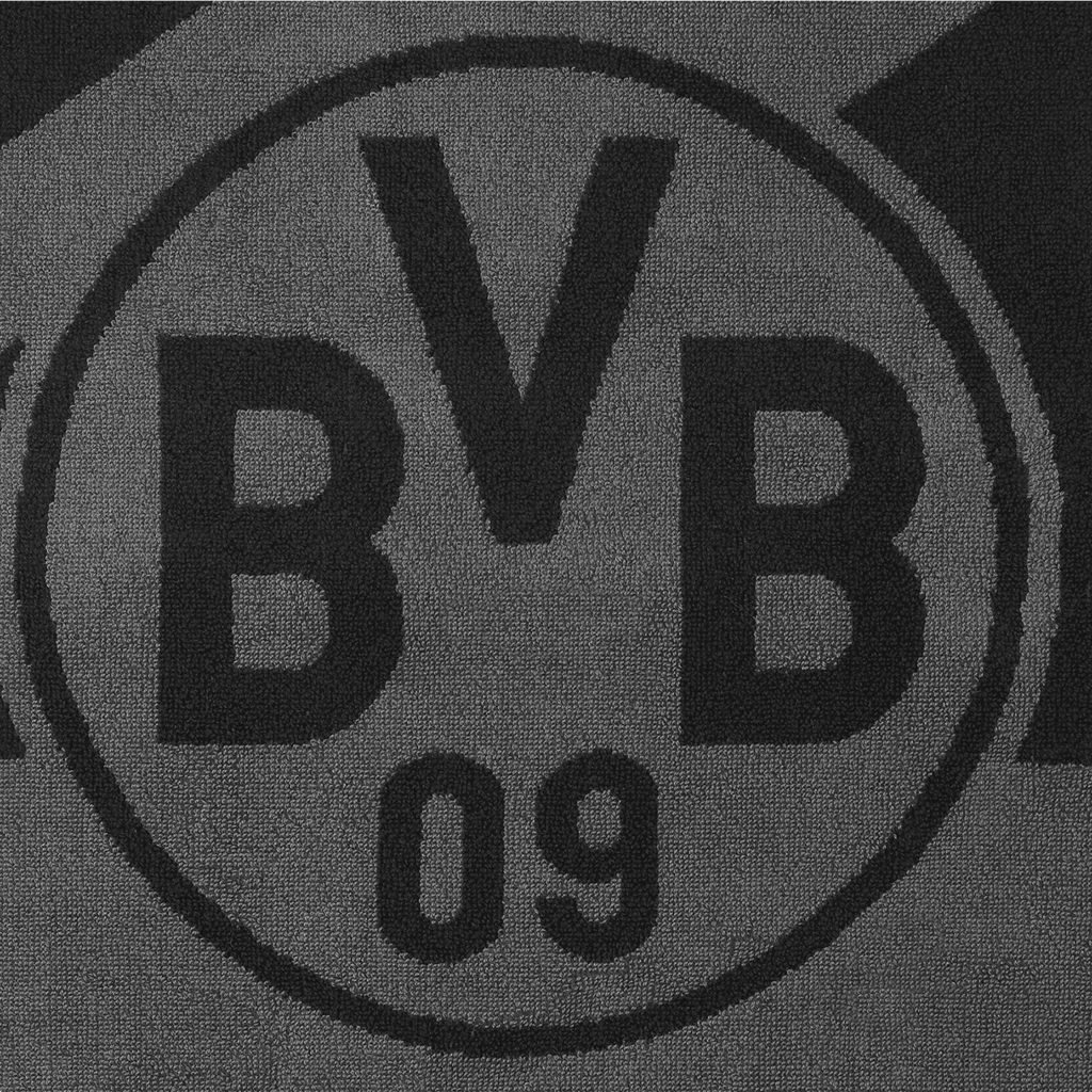 灰色和黑色的多特蒙德（BVB）毛巾，印有醒目的BVB标志，是多特蒙德球迷的理想之选，尺寸为50x100厘米。