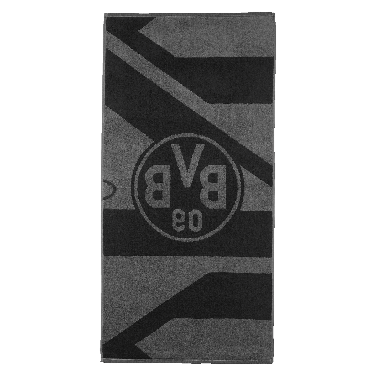 Toalla del BVB en gris y negro con un gran logotipo del BVB y un diseño geométrico, ideal como artículo para aficionados, medidas: 50 x 100 cm.