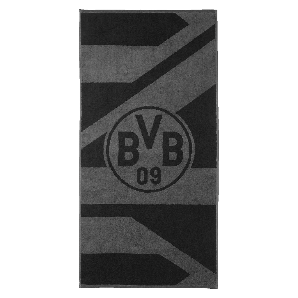 Toalla del BVB en colores gris y negro con un gran logotipo del BVB, ideal para los aficionados del Borussia Dortmund.