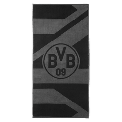 Graues und schwarzes BVB-Handtuch mit großem BVB-Logo, ideal für Fans von Borussia Dortmund.