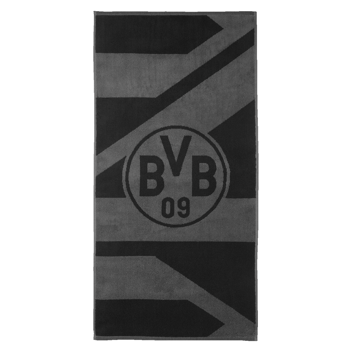 Graues und schwarzes BVB-Handtuch mit großem BVB-Logo, ideal für Fans von Borussia Dortmund.