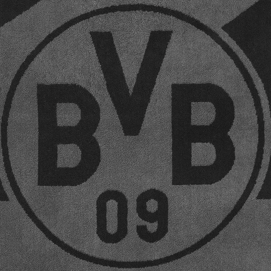Asciugamano da doccia grigio-nero con il design del Borussia Dortmund, dimensioni 70x140 cm, con il logo BVB 09 al centro.