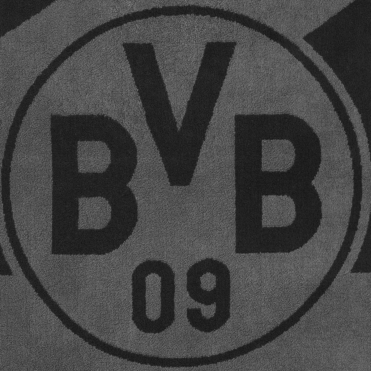 Asciugamano da doccia grigio-nero con il design del Borussia Dortmund, dimensioni 70x140 cm, con il logo BVB 09 al centro.