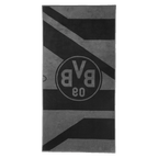 Toalla de ducha gris y negra con el diseño del Borussia Dortmund, con el escudo del BVB 09 y rayas diagonales. Medidas: 70 x 140 cm.