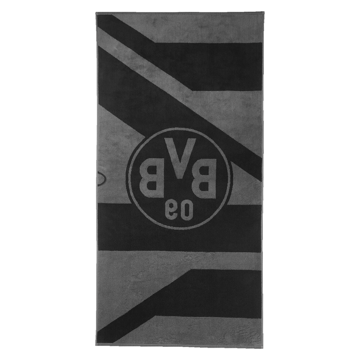 Toalla de ducha gris y negra con el diseño del Borussia Dortmund, con el escudo del BVB 09 y rayas diagonales. Medidas: 70 x 140 cm.