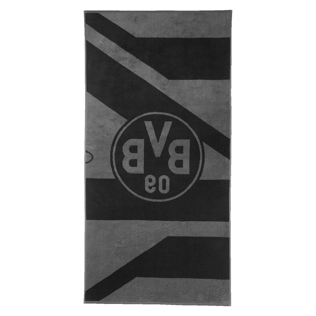 Asciugamano da doccia grigio e nero con il design del Borussia Dortmund, con lo stemma BVB 09 e strisce diagonali. Dimensioni: 70x140 cm.