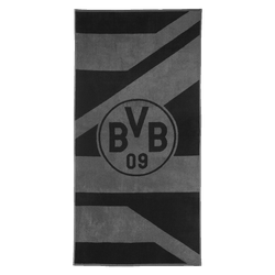 Stylisches BVB-Duschtuch in Grau und Schwarz mit großem, zentralem BVB-Logo. Perfekt für Fans von Borussia Dortmund, Maße: 70x140 cm.