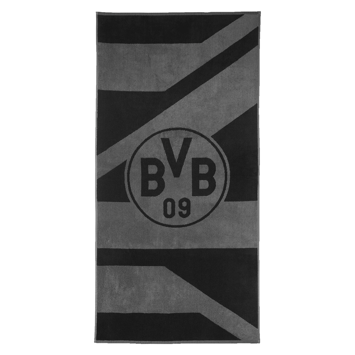Stylisches BVB-Duschtuch in Grau und Schwarz mit großem, zentralem BVB-Logo. Perfekt für Fans von Borussia Dortmund, Maße: 70x140 cm.