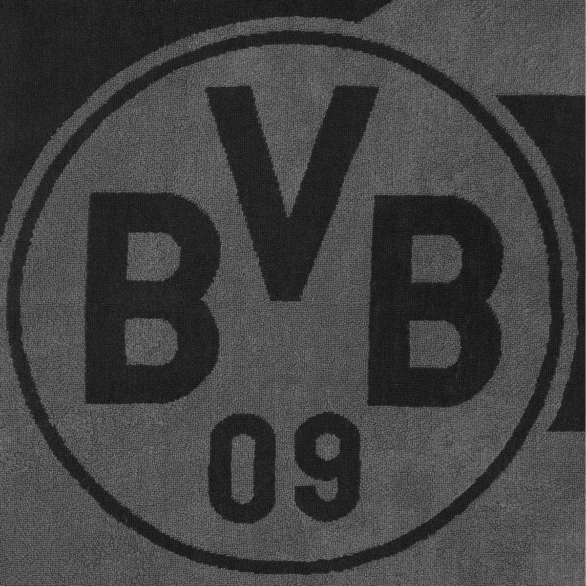 Grau-schwarzes BVB Badetuch mit großem BVB 09 Logo, ideal für Fans von Borussia Dortmund, Maße 70x180 cm.