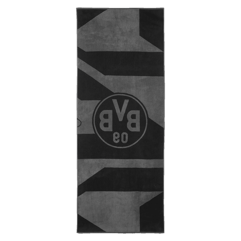 Toalla de baño del BVB en gris y negro con un gran escudo del BVB y un diseño geométrico; tejido suave, ideal para hacer deporte o ir a la playa.