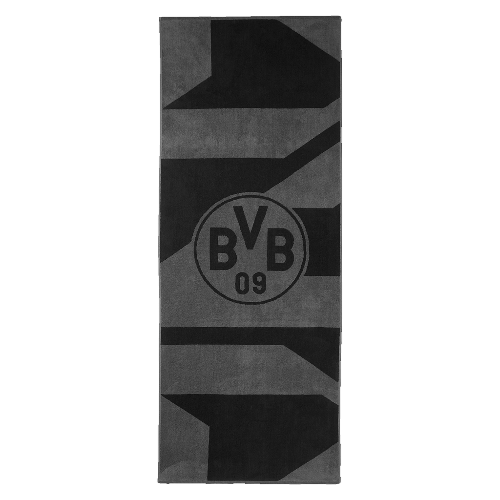 Asciugamano da bagno del BVB nei colori grigio e nero, 70x180 cm, con grande logo del BVB, ideale per i tifosi del Borussia Dortmund.