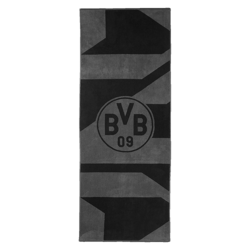Serviette de bain BVB grise et noire, 70 x 180 cm, avec un grand logo BVB, idéale pour les supporters du Borussia Dortmund.