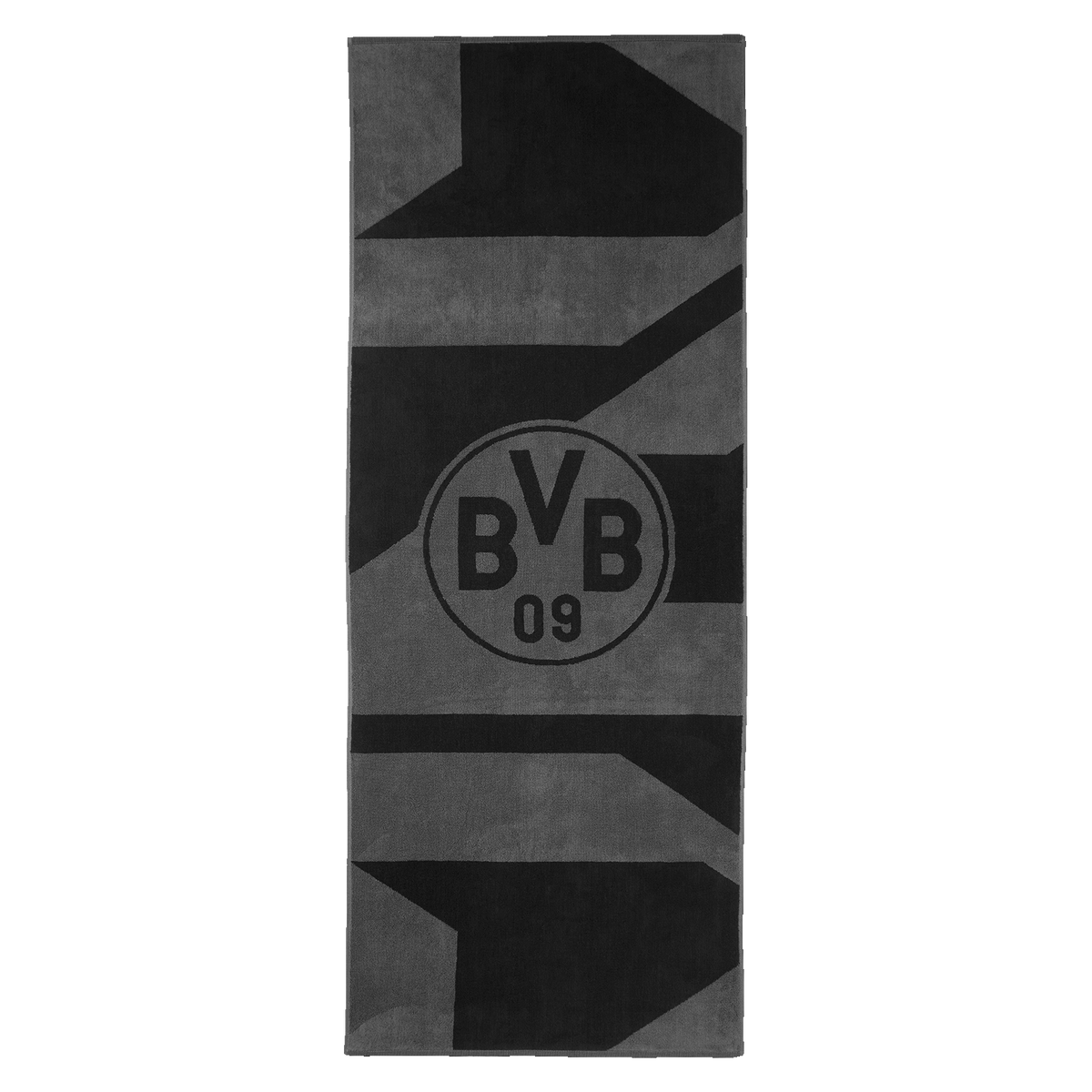BVB bath towel in gray and black, 70x180 cm, featuring a large BVB logo, ideal for Borussia Dortmund fans.