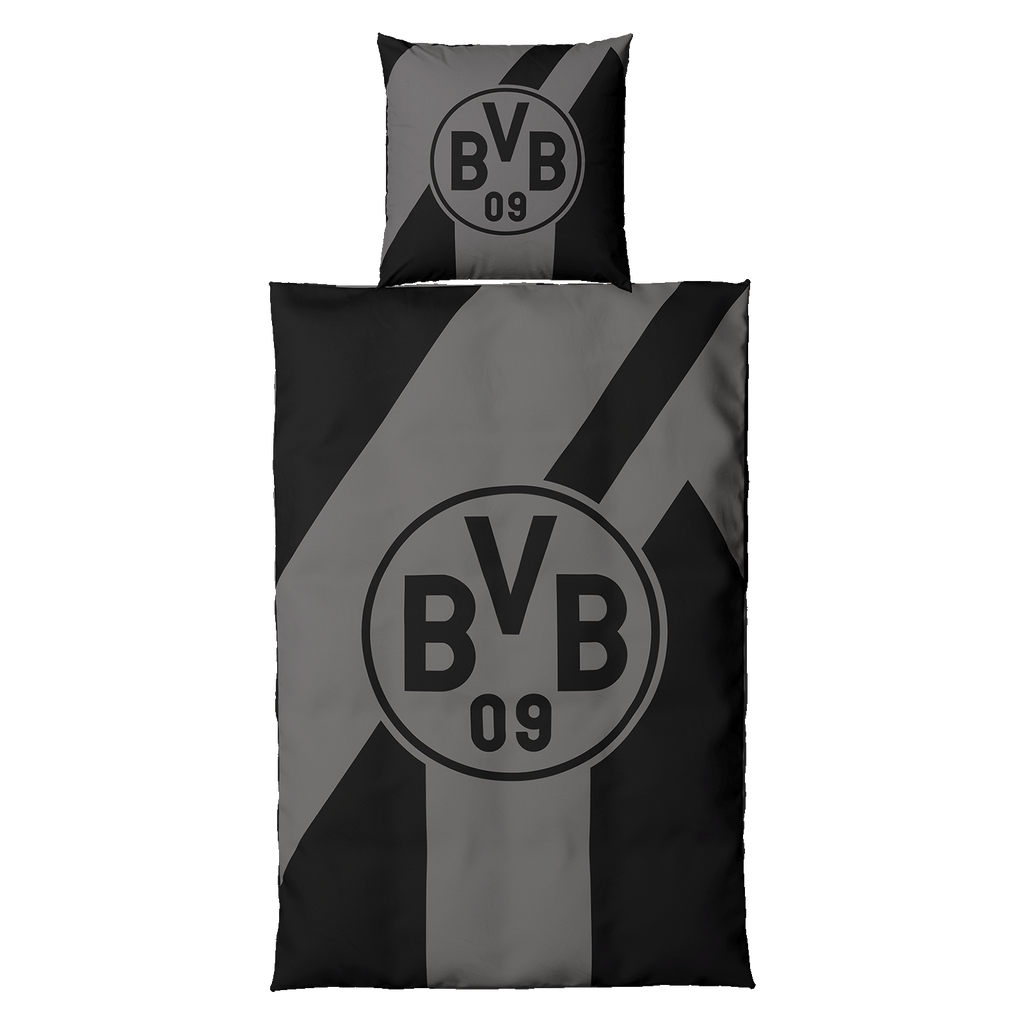 Black-and-gray BVB bedding with a large BVB 09 logo, consisting of a pillowcase and a duvet cover measuring 135x200 cm, ideal for Borussia Dortmund fans.