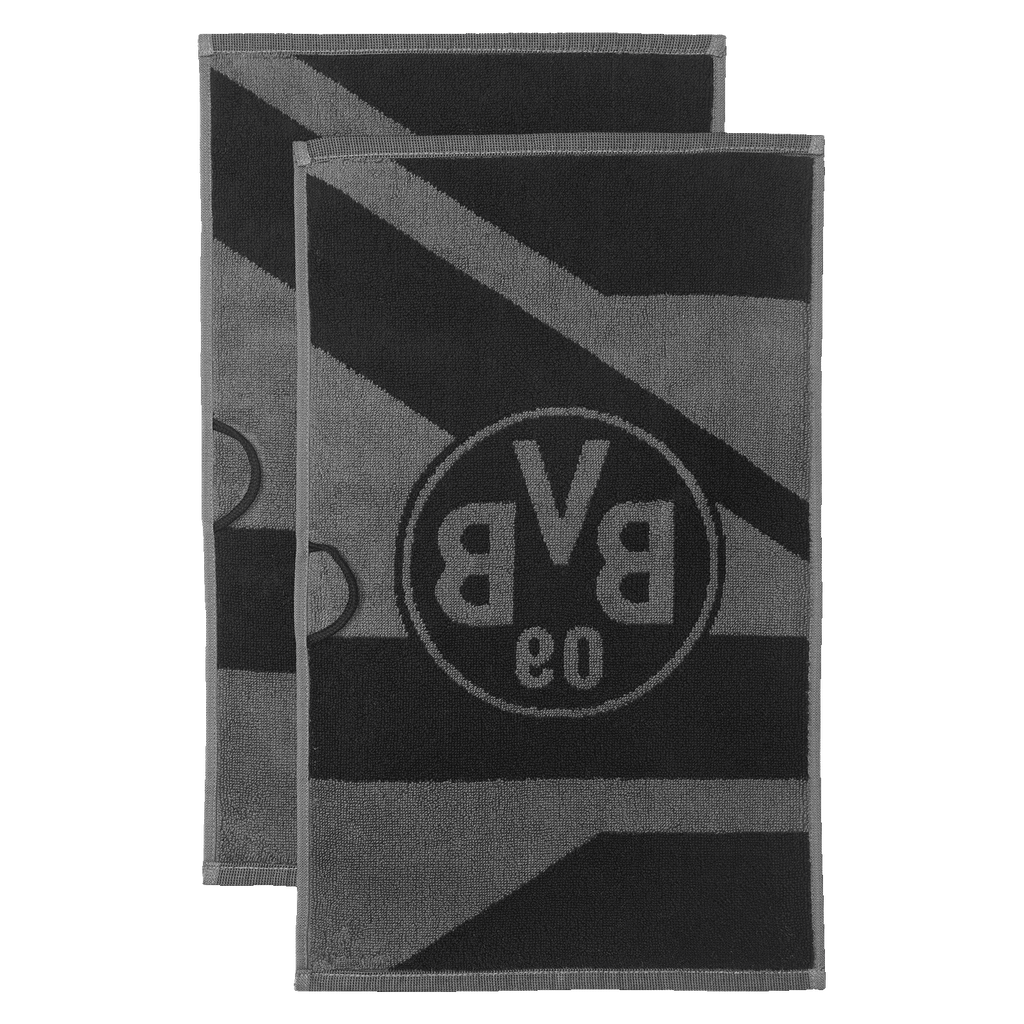 BVB guest towel set in gray and black with a stylish club logo, perfect for Borussia Dortmund fans.