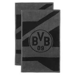 一套两条多特蒙德客队毛巾，灰色与黑色相间，印有BVB-09标志，采用现代条纹设计。是理想的球迷周边或礼物。