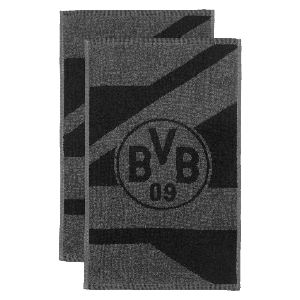 Set of two BVB guest towels in gray and black with the BVB-09 logo and a modern striped design. Ideal as fan merchandise or a gift.