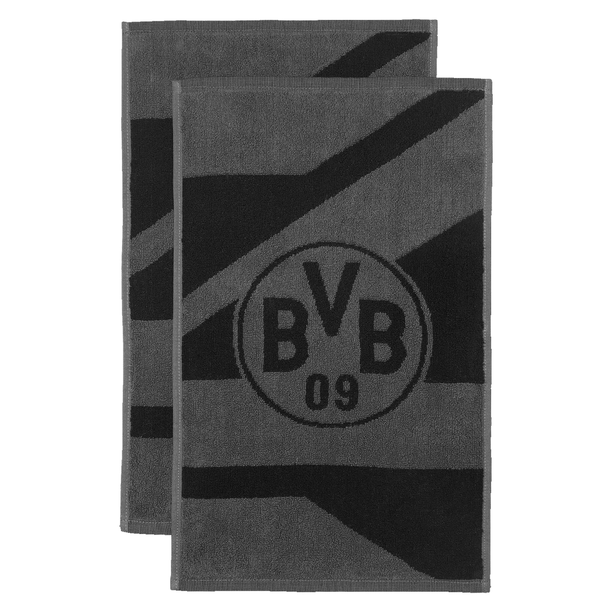 Lot de deux serviettes d'invités du BVB, gris et noir, ornées du logo BVB-09 et d'un motif à rayures moderne. Idéales comme article de supporter ou comme cadeau.