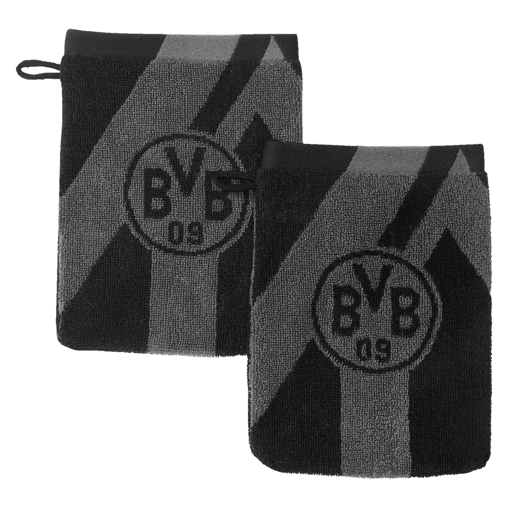 Juego de 2 manoplas de baño del BVB en gris y negro, con diseño a rayas y un gran logotipo del BVB, ideales para los aficionados en el cuarto de baño.