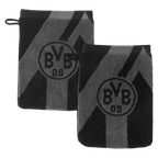 Juego de 2 manoplas de baño del BVB en gris y negro, con diseño a rayas y un gran logotipo del BVB, ideales para los aficionados en el cuarto de baño.