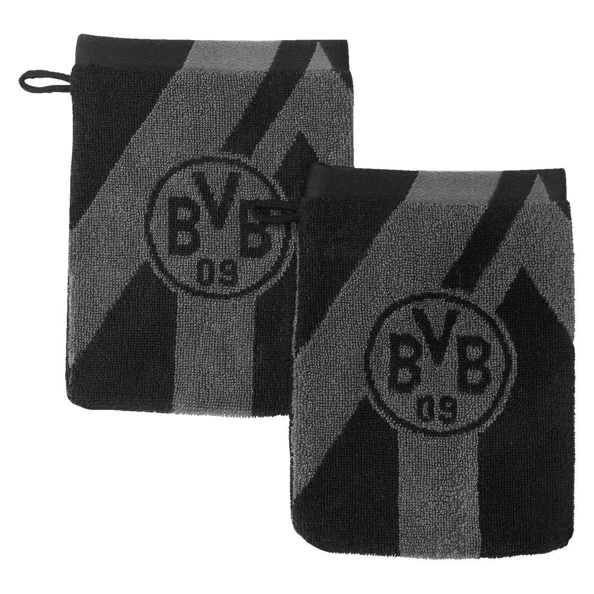 Set da 2 guanti da bagno del BVB nei colori grigio e nero, con motivo a righe e grande logo del BVB, ideali per i tifosi in bagno.