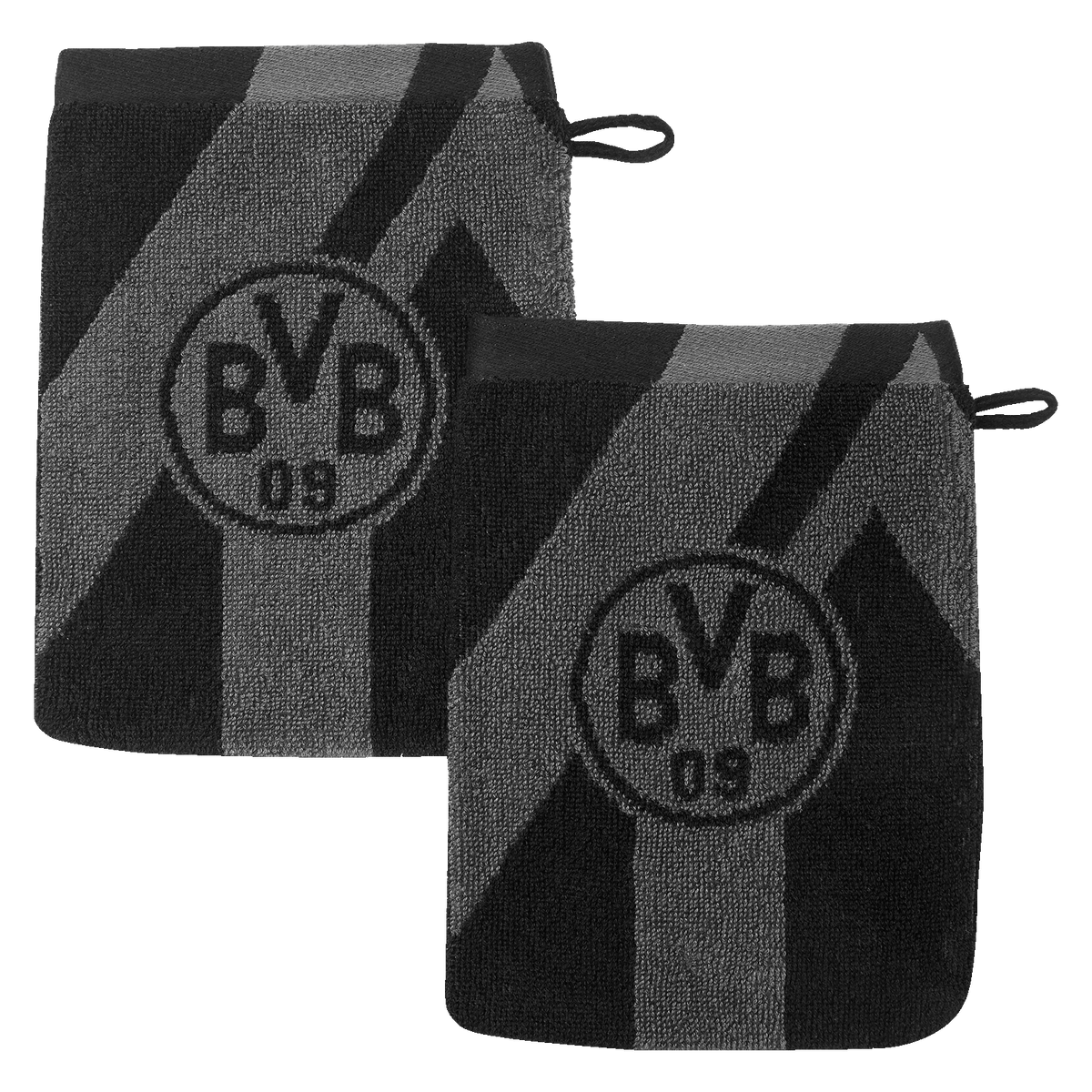 多特蒙德（BVB）洗脸手套套装（2件装），灰黑色，印有标志性的BVB徽标和斜条纹，是球迷在浴室使用的理想之选。
