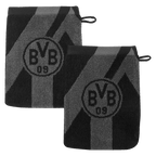 Juego de 2 manoplas de baño del BVB, en color gris y negro con el emblemático logotipo del BVB y rayas diagonales, ideales para los aficionados en el cuarto de baño.