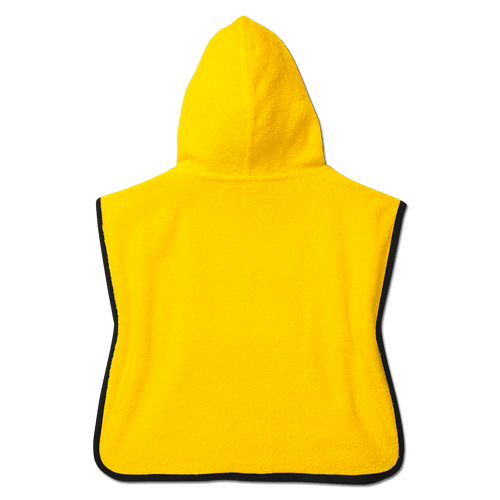 Schwarzgelber BVB-Badeponcho 'Emma' in 46 x 46 cm mit Kapuze, Rückansicht.