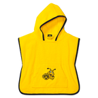 Poncho de baño amarillo del BVB con ribete negro, capucha y motivo de EMMA en la parte delantera. Artículo para aficionados con una práctica bolsa, perfecto para niños, de 46 x 46 cm.