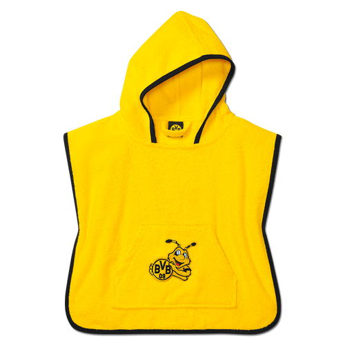 Poncho de bain jaune du BVB avec bordure noire, capuche et motif EMMA sur le devant. Produit dérivé doté d'une poche pratique, idéal pour les enfants, dimensions : 46 x 46 cm.