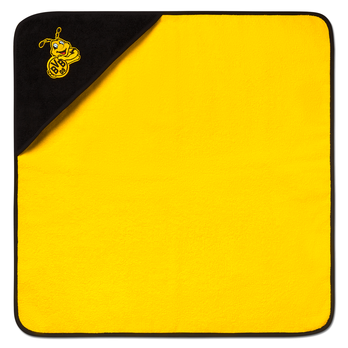 Weiches BVB-Kapuzentuch in schwarzgelb mit aufgedrucktem EMMA-Motiv und BVB-Logo, perfekt für kleine Fans von Borussia Dortmund.